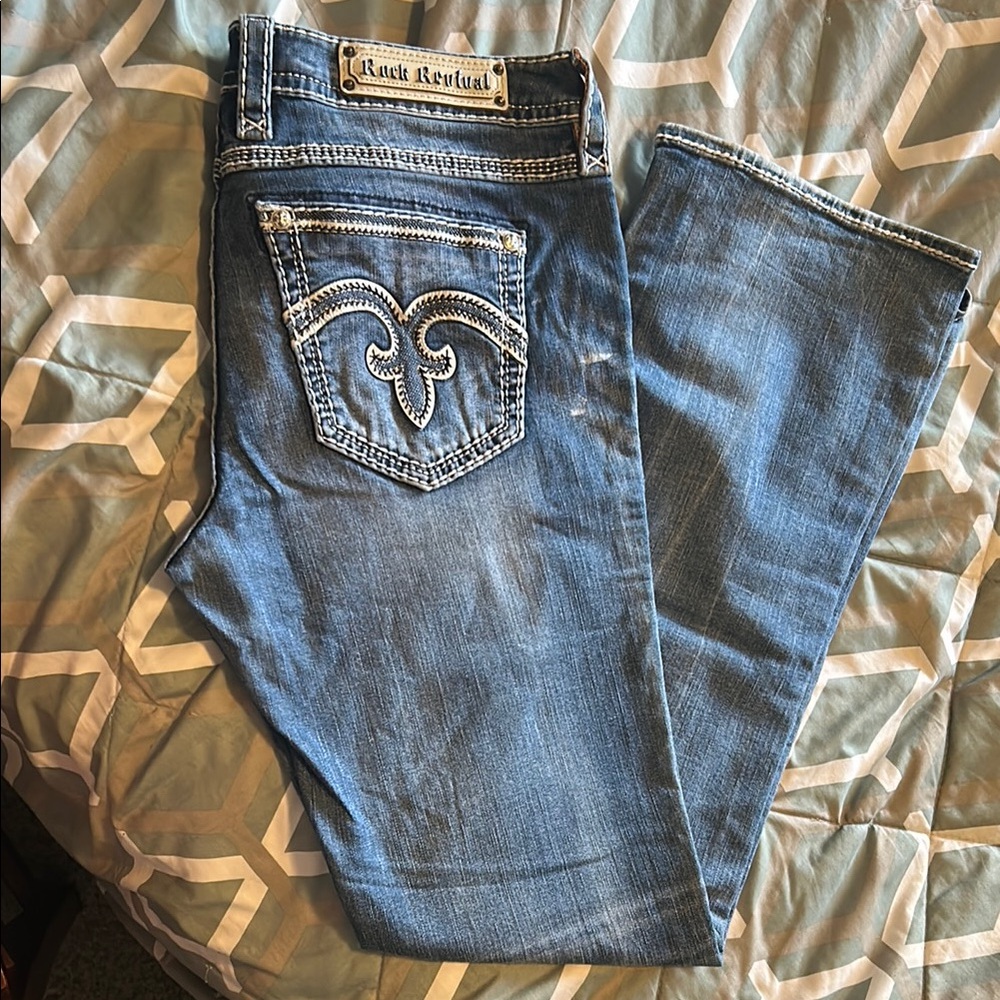 Rock Revival Blue Boot Cut Jeans with Contrast Stitching